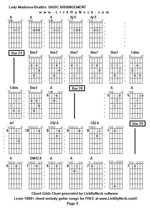 Chord Grids Chart of chord melody fingerstyle guitar song-Lady Madonna-Beatles -BASIC ARRANGEMENT,generated by LickByNeck software.